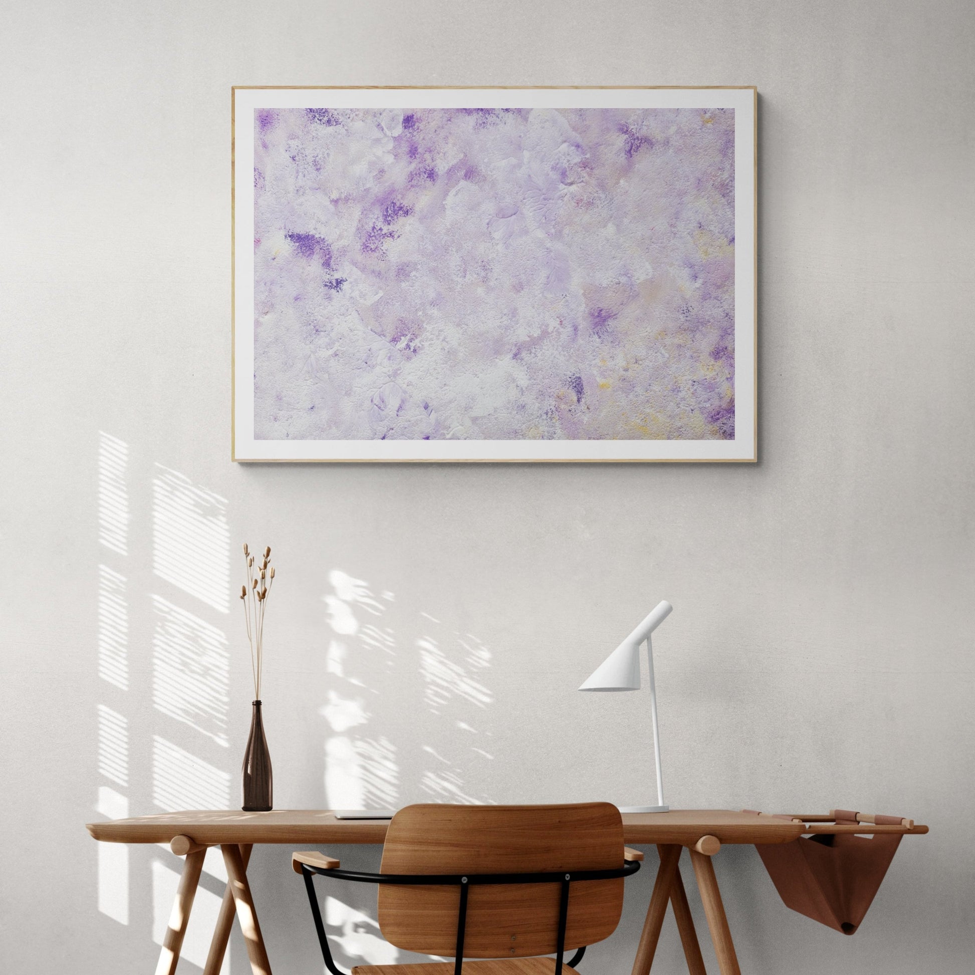 Purple, Feel good one of one-of-a-kind colorful art poster based on original abstract art created by up-and-coming artist Scandinavian Jeanette Haga as decor in a modern home office