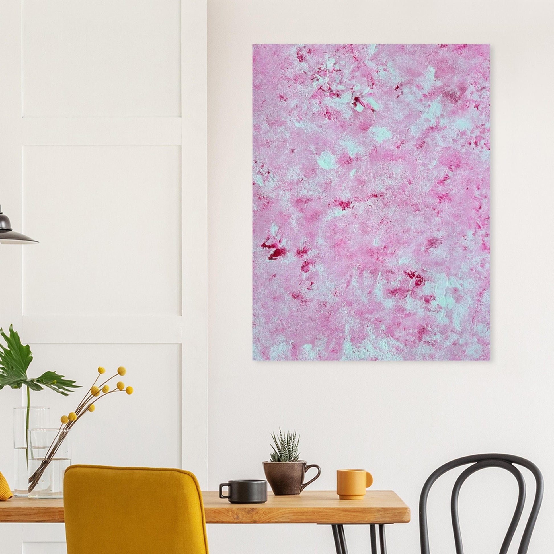 Vibrant Red and white Feel good one of one-of-a-kind colorful art poster based on original abstract art created by up-and-coming artist Scandinavian Jeanette Haga as decor in a modern dining room
