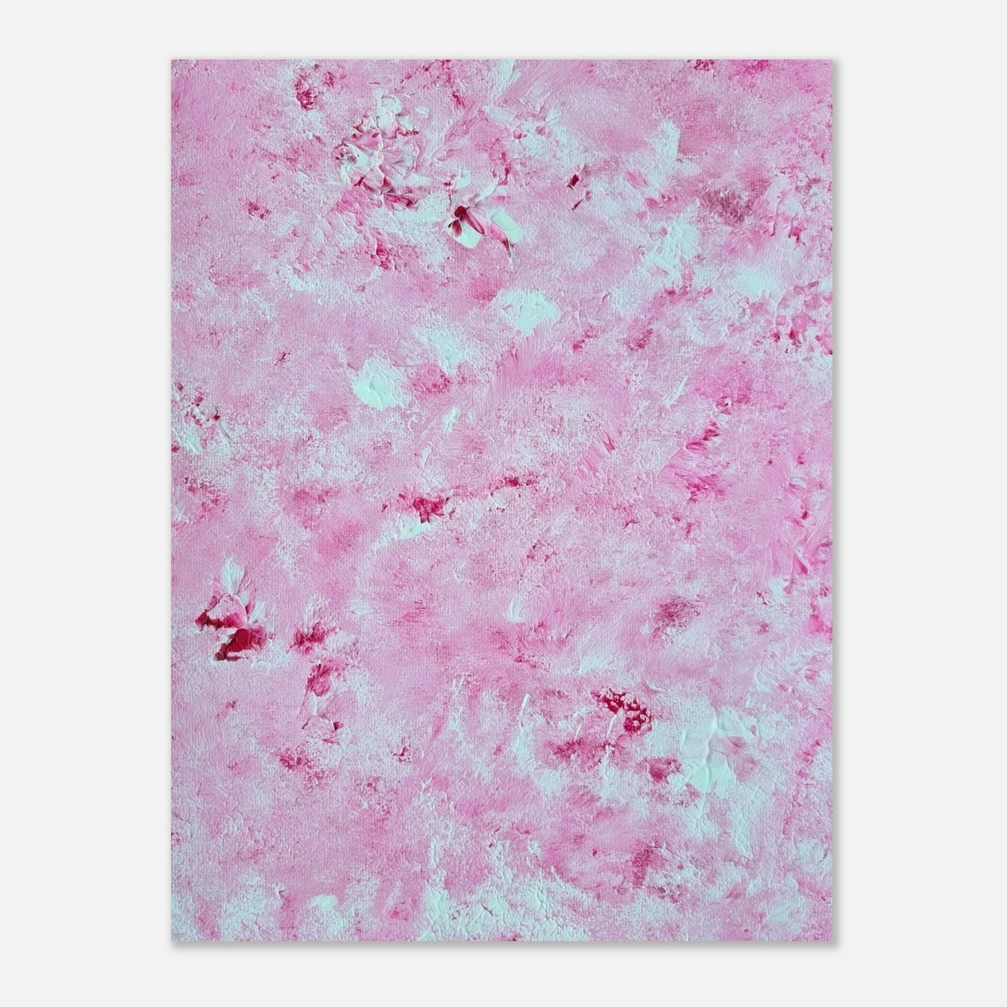 Vibrant Red and white Feel good one of one-of-a-kind colorful art poster based on original abstract art created by up-and-coming artist Scandinavian Jeanette Haga as decor for modern home on a white wall
