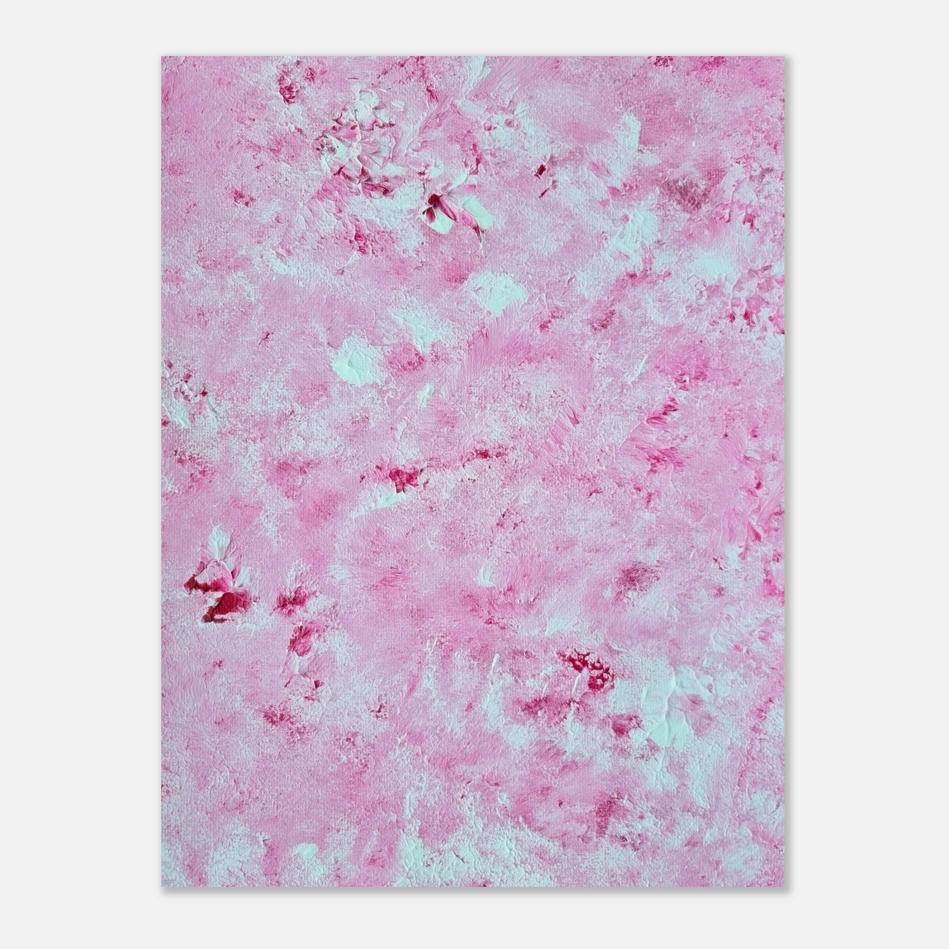 Vibrant Red and white Feel good one of one-of-a-kind colorful art poster based on original abstract art created by up-and-coming artist Scandinavian Jeanette Haga as decor for modern home on a white wall
