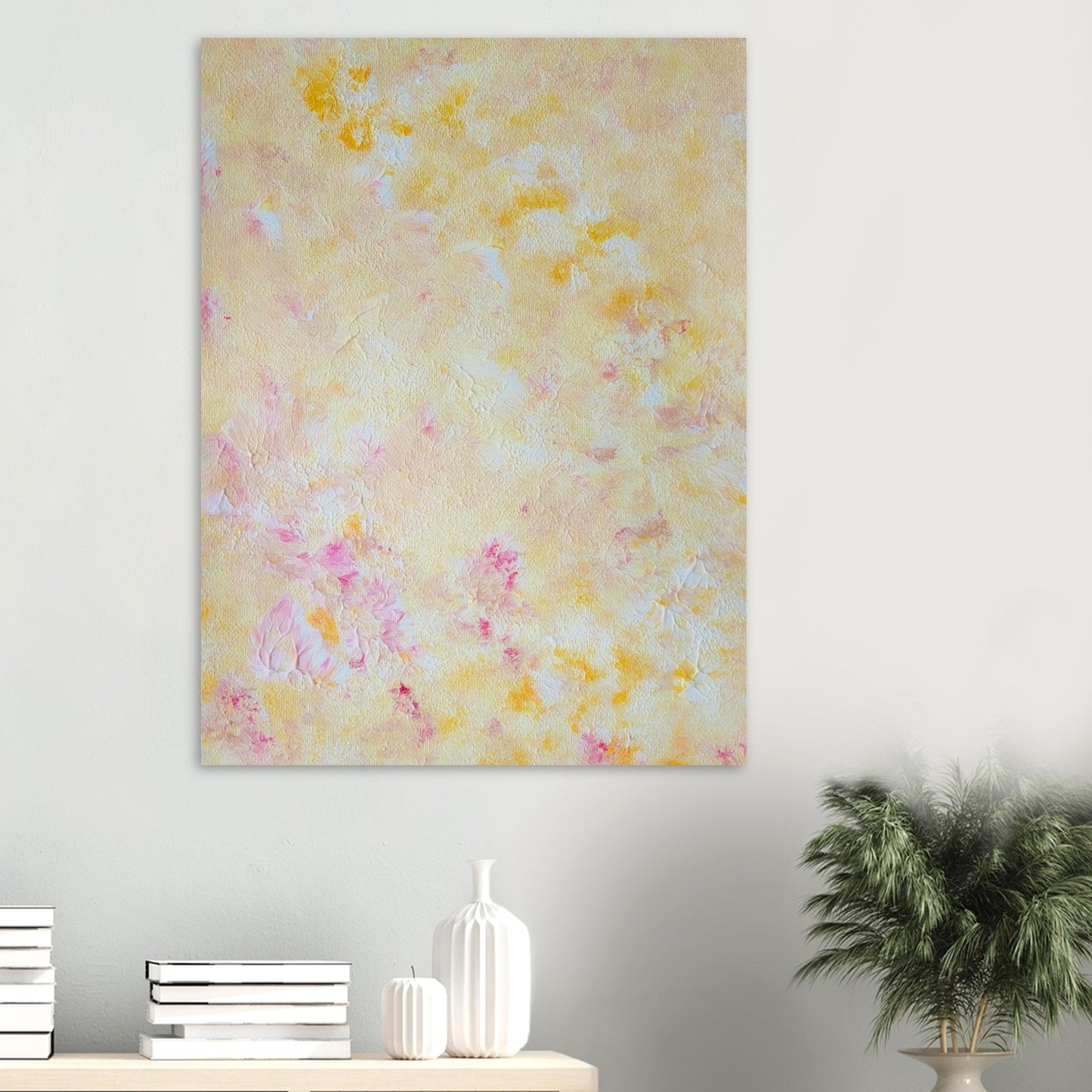 Yellow and pink Feel good one of one-of-a-kind colorful art poster based on original abstract art created by up-and-coming artist Scandinavian Jeanette Haga as decor in a modern white living room