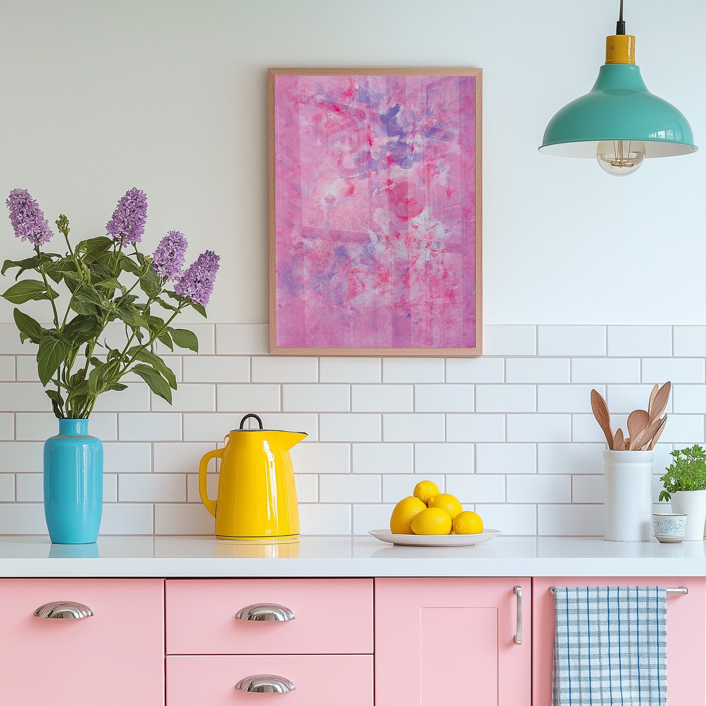 A framed abstract art print with pink, purple, and blue tones hangs on a white kitchen wall above a white subway tile backsplash. The kitchen features pink cabinets, a yellow pitcher, a blue vase with purple flowers, and a hanging teal pendant light.