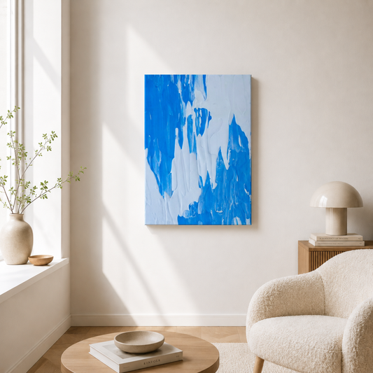 A close-up of a framed abstract painting with bold blue and white brushstrokes, resting on a light wood surface in warm natural light.