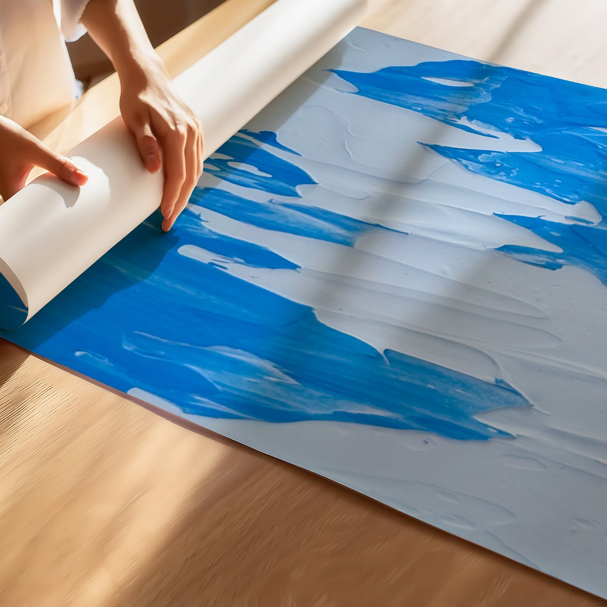 A person unrolls a large sheet of blue and white textured material on a wooden floor, with warm sunlight casting shadows across the surface.