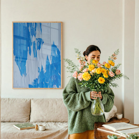 A woman in a green knit sweater holds a large bouquet of yellow and pink flowers in a clear glass vase, standing in a softly lit living room with a beige sofa and a framed blue abstract painting on the wall.