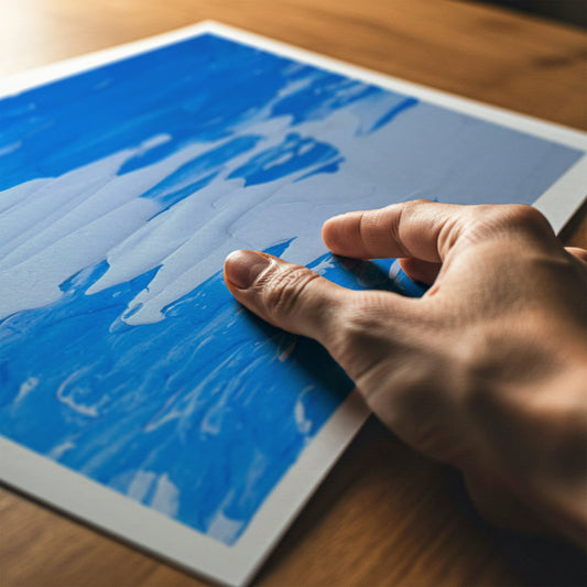 A close-up of a hand touching a square art print or canvas with a blue and white abstract painted design, placed on a wooden surface.