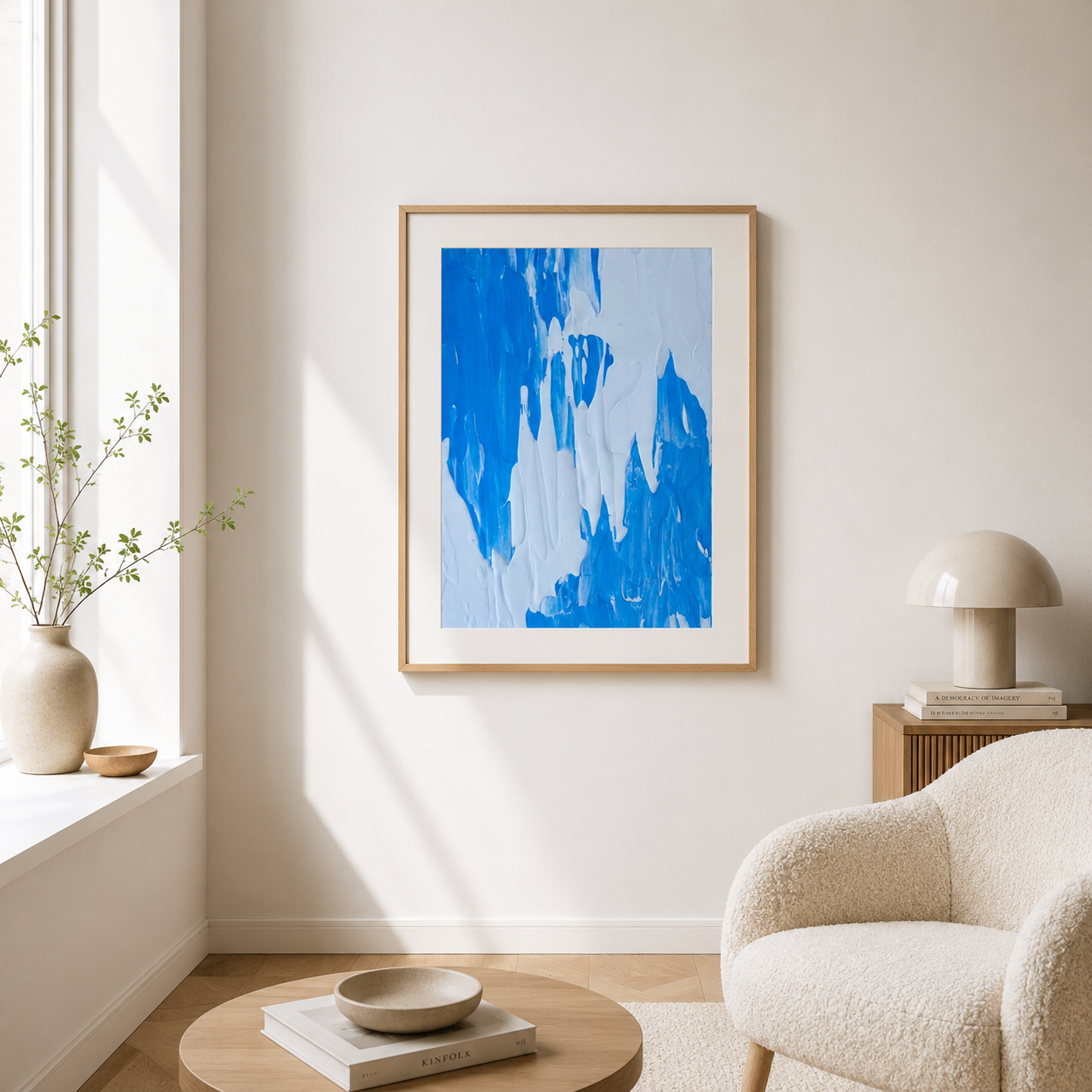 A framed abstract art print with bold blue and white brushstrokes hangs on a beige wall in a bright, modern living room with a cream armchair, a window, and a small table.