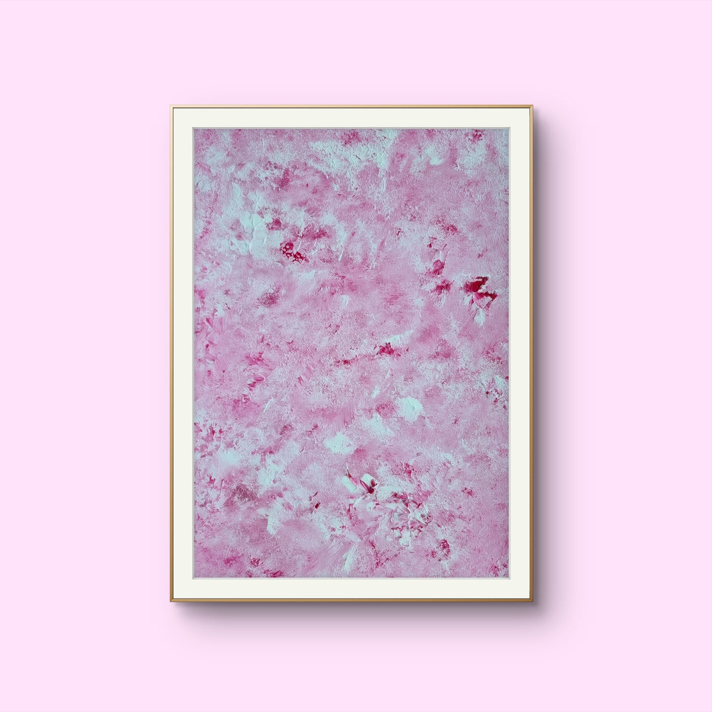 Vibrant Red and white Feel good one of one-of-a-kind colorful art poster based on original abstract art created by up-and-coming artist Scandinavian Jeanette Haga as decor for modern home towards a pink background
