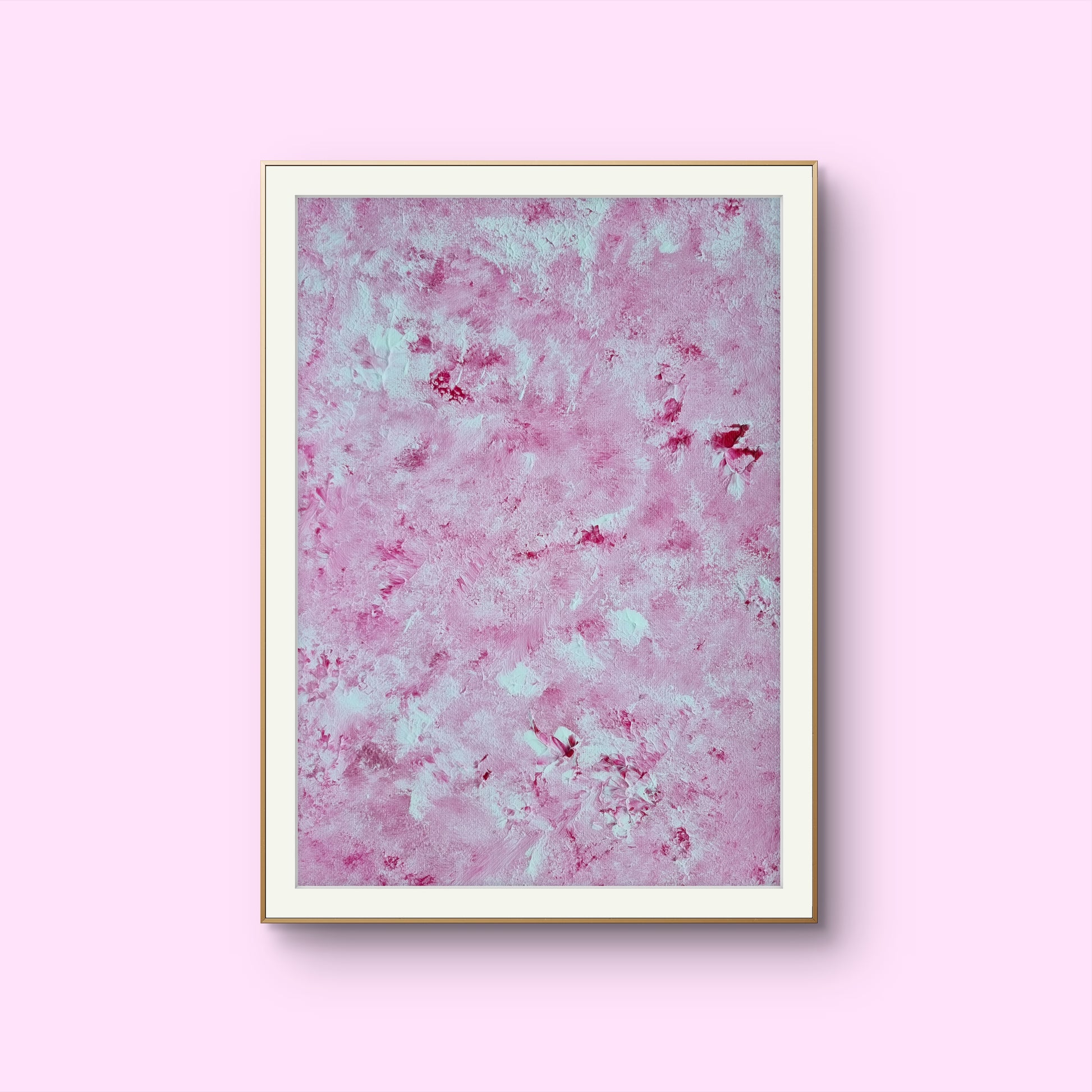 Vibrant Red and white Feel good one of one-of-a-kind colorful art poster based on original abstract art created by up-and-coming artist Scandinavian Jeanette Haga as decor for modern home towards a pink background
