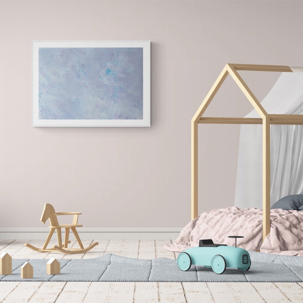 Pastel blue, Feel good one-of-a-kind colorful abstract art poster created from an original painting by up-and-coming scandinavian artist Jeanette Haga as decor in a children's bedroom
