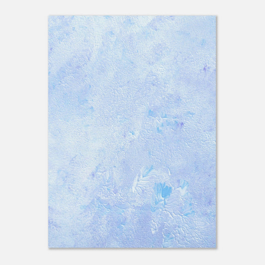 Pastel blue, pastel purple and white abstract art poster hanging vertically on a white background