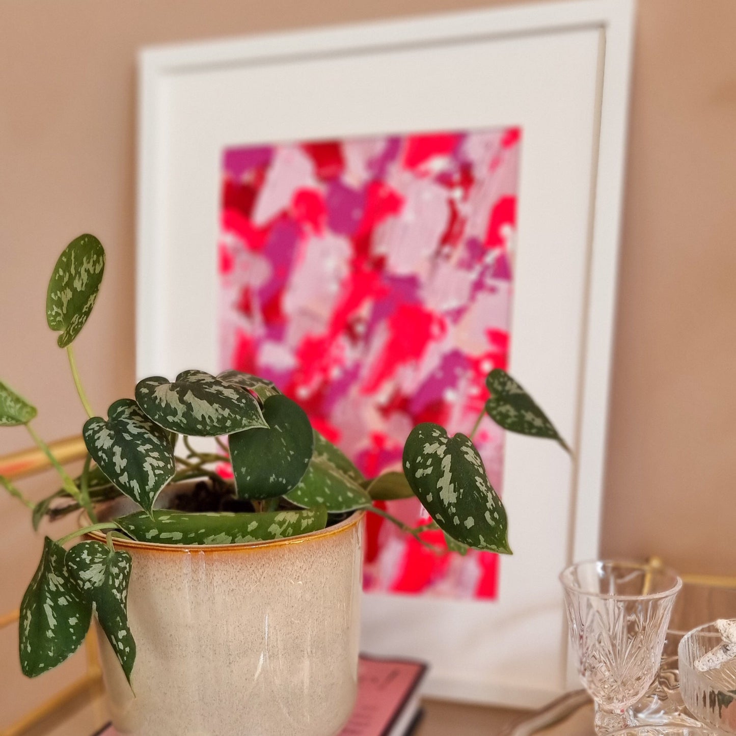 Bright pink Feel good one of one-of-a-kind colorful original abstract art created by up-and-coming artist Jeanette Haga as decor in a modern homes