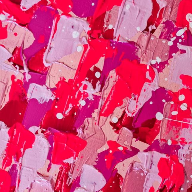 Bright pink Feel good one of one-of-a-kind colorful original abstract art created by up-and-coming artist Jeanette Haga as decor for modern homes