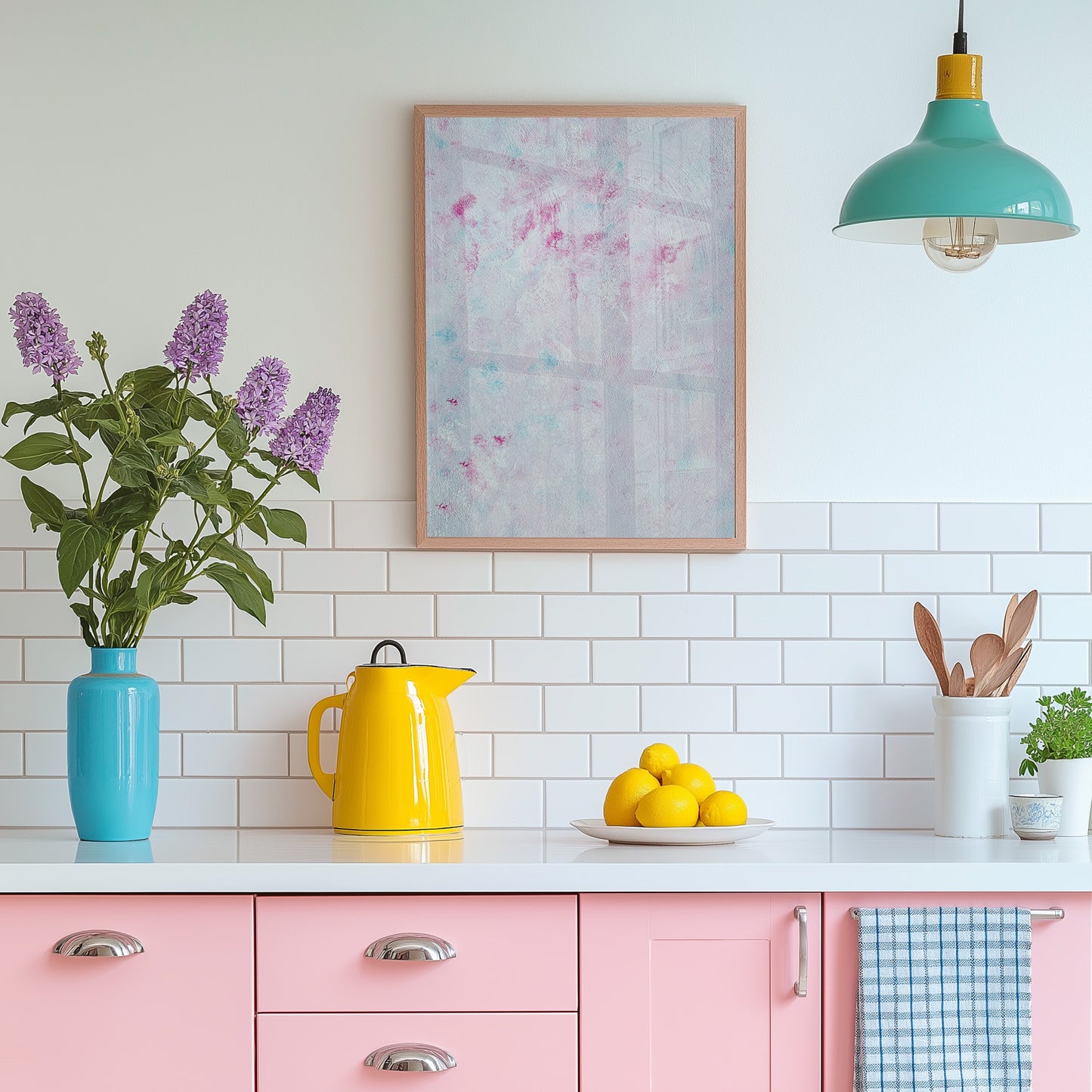A styled kitchen scene with a pink cabinet counter, white subway tile backsplash, a turquoise pendant light, a framed abstract wall art print, a blue vase with purple flowers, a yellow pitcher, lemons on a plate, and small plants.
