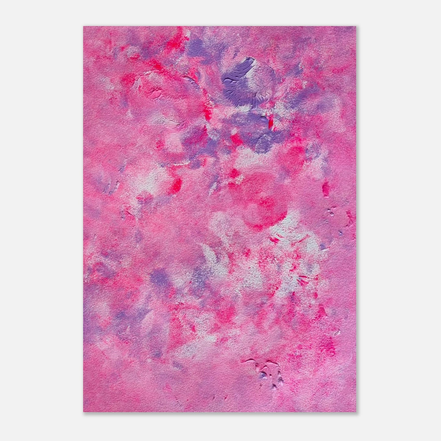 Pink, purple and white abstract art poster hanging vertically on a white background