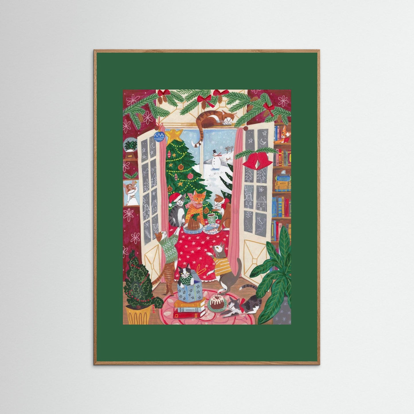 Cats in the Window at a Snowy Christmas in Bright Colours by Caroline Bonne Müller