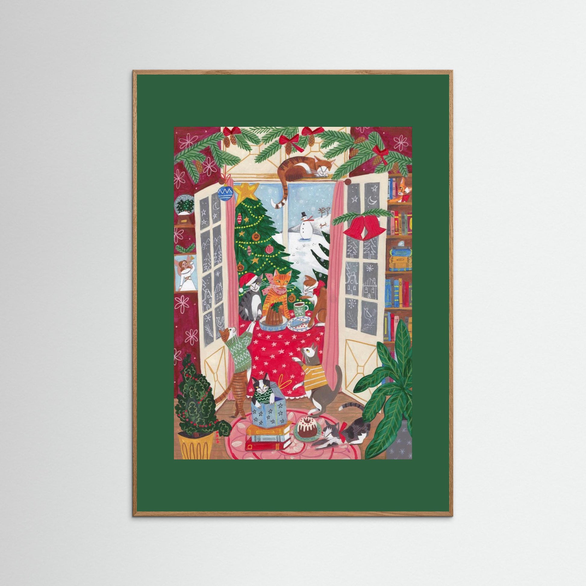 Cats in the Window at a Snowy Christmas in Bright Colours by Caroline Bonne Müller