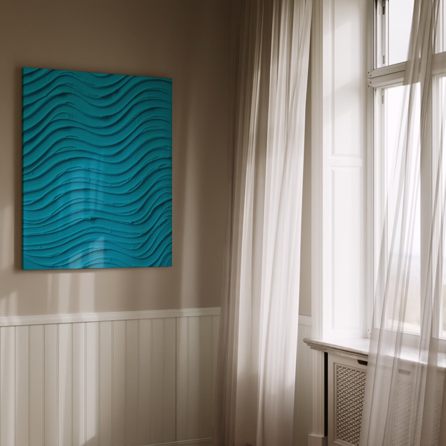 A square turquoise blue wall art piece with a 3D wavy relief pattern, displayed on a beige wall in a room with white paneling and sheer curtains next to a window.
