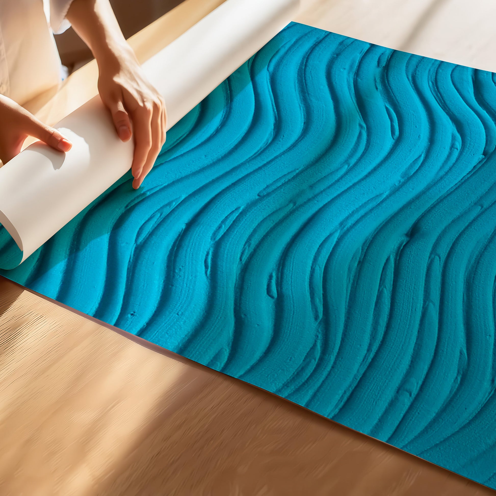 A bright turquoise blue textured yoga mat with a wavy, 3D wave pattern, being rolled up by hands on a light wood floor.