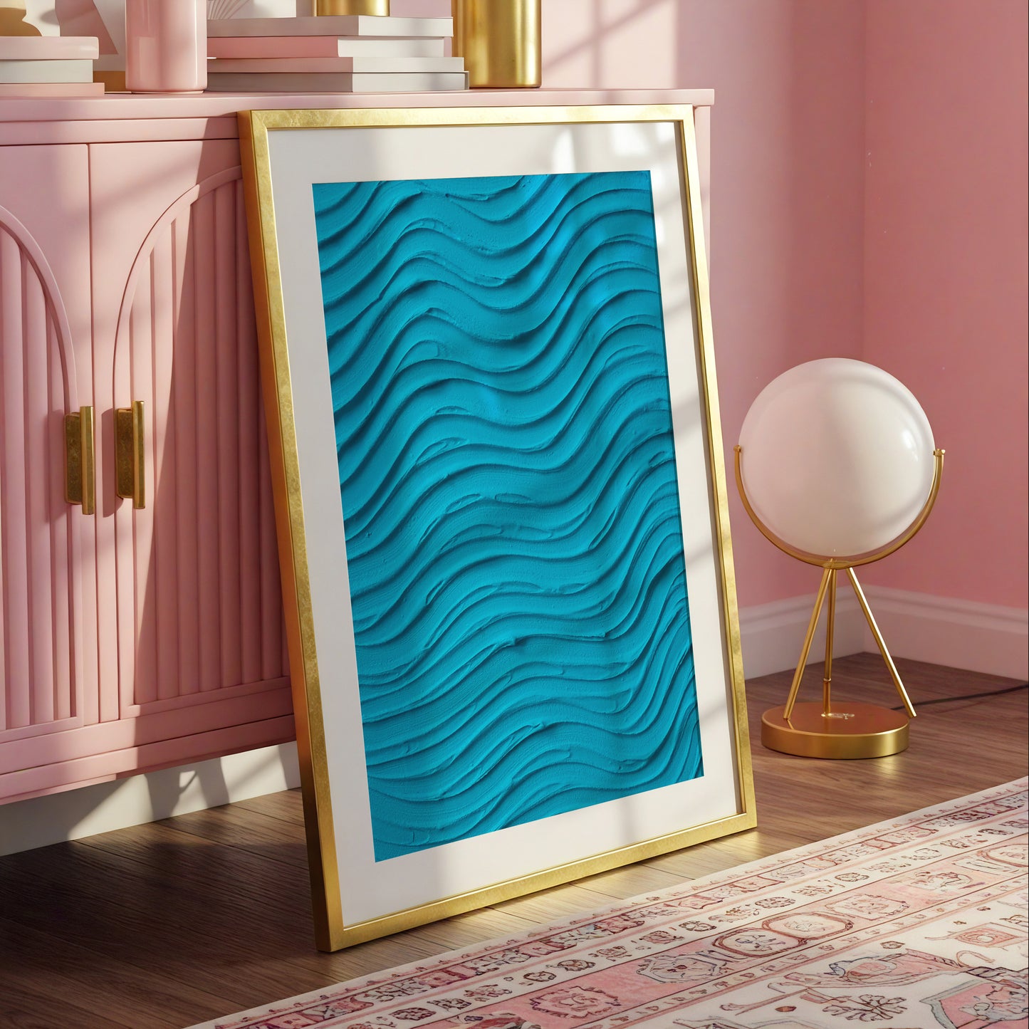 A framed wall art print leaning against a pink cabinet in a styled room. The artwork features a bright turquoise blue textured wavy pattern inside a gold frame with a white mat border.