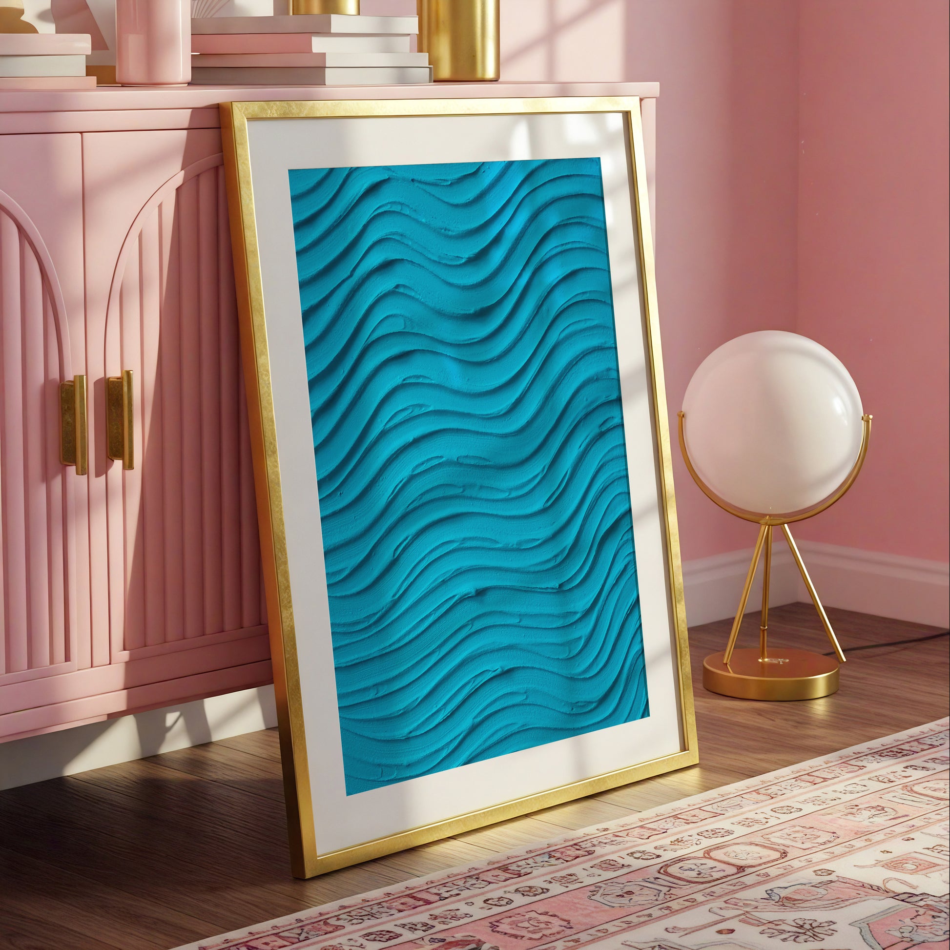 A framed wall art print leaning against a pink cabinet in a styled room. The artwork features a bright turquoise blue textured wavy pattern inside a gold frame with a white mat border.