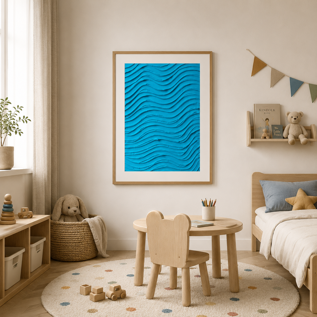 A framed abstract art print featuring a bright blue 3D wavy texture on a white background, styled in a modern children's bedroom next to a wooden bed, small wooden table, and toys.