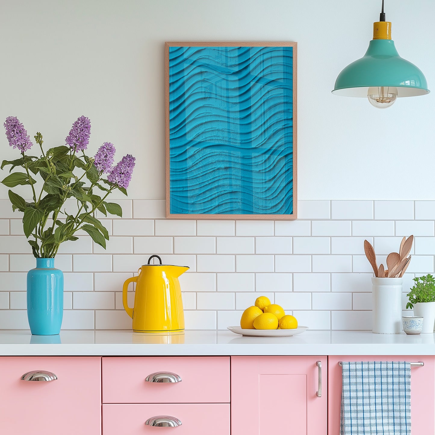 A bright kitchen scene with a turquoise framed wall art piece featuring wavy lines, above a white subway tile backsplash. On the countertop are a blue vase with purple flowers, a yellow pitcher, lemons on a plate, and a white container with wooden utensils.