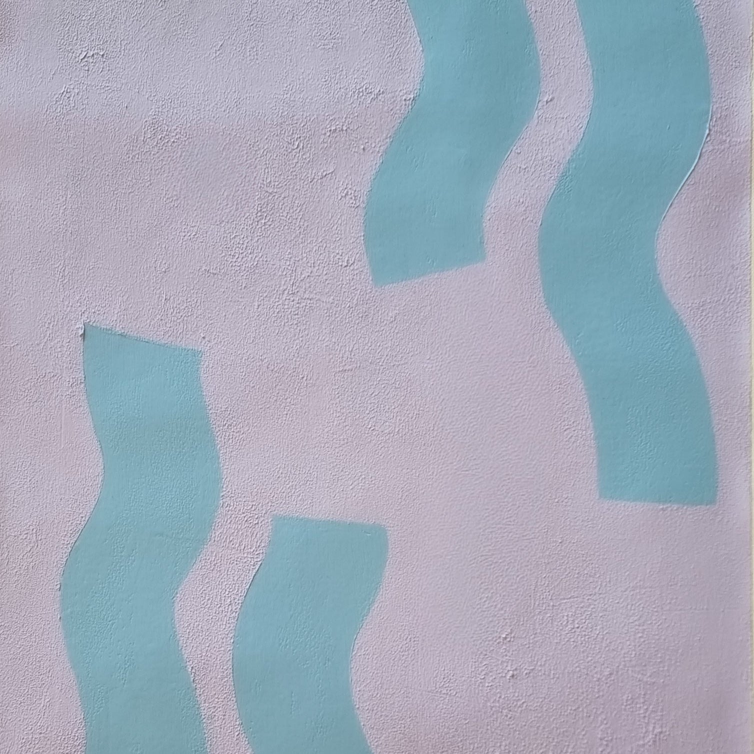 Abstract wall art featuring four wavy, vertical light blue shapes on a textured, light lavender-pink plaster background.