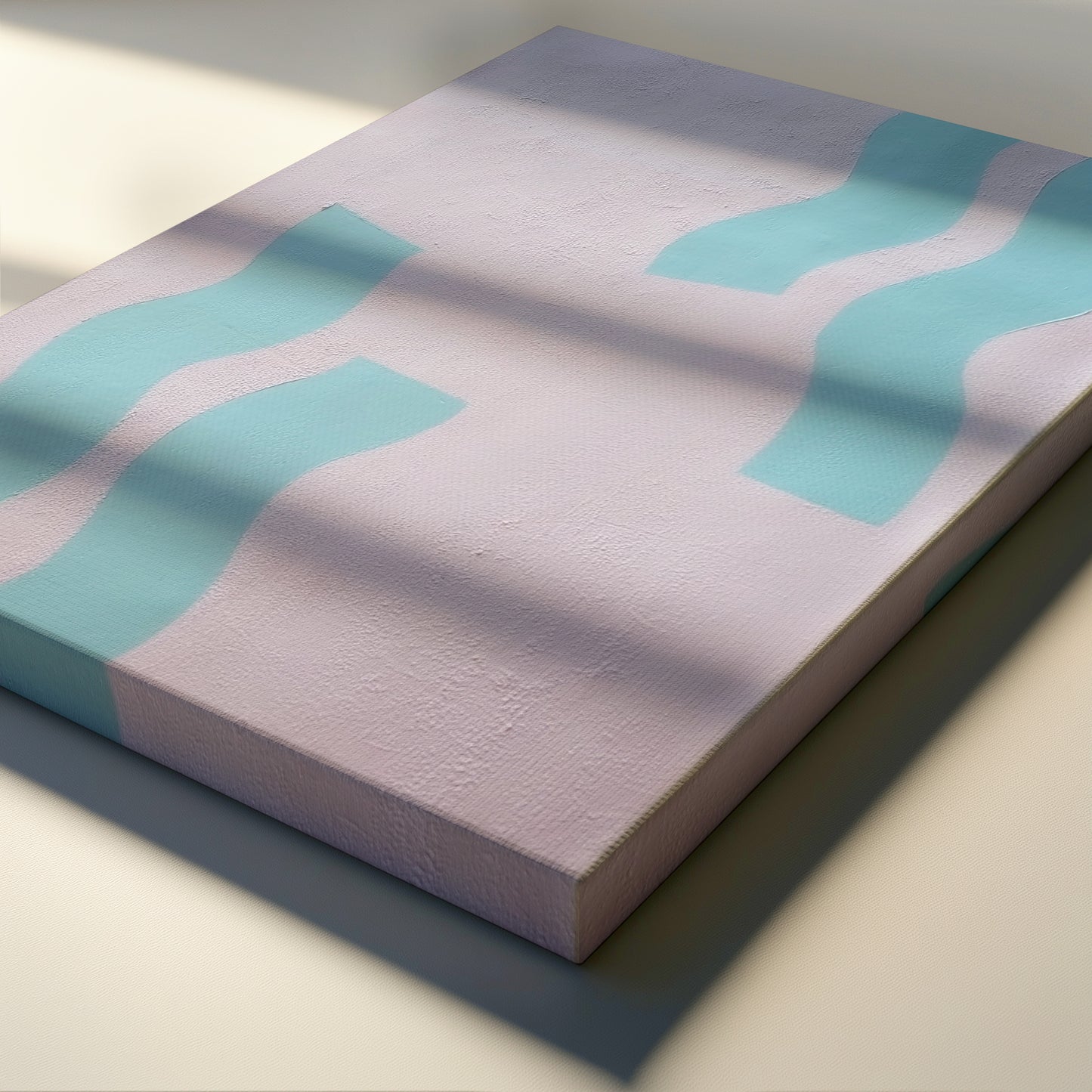 Abstract canvas wall art with a pale lavender background and flowing mint blue wavy bands, photographed at an angle with soft window-light shadows across the surface.