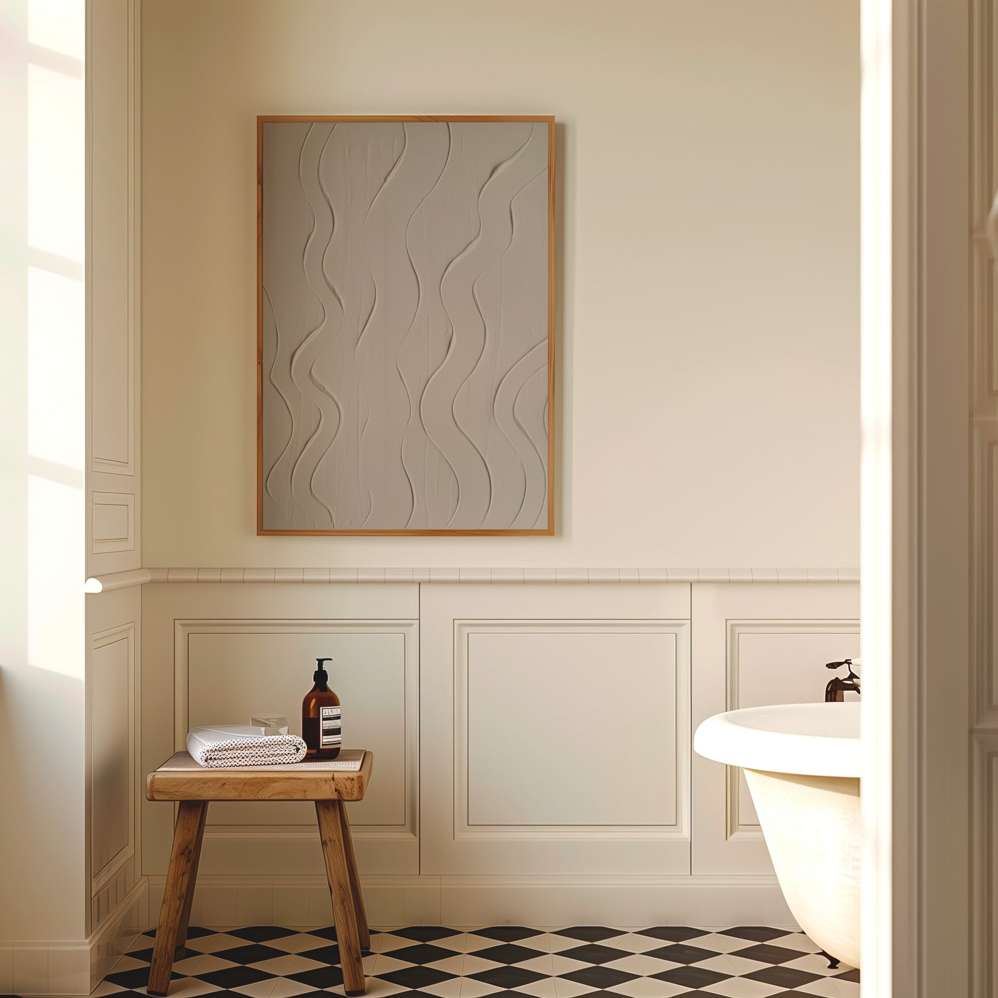 A framed abstract wall art piece with wavy relief lines hangs on a cream-colored bathroom wall above white wainscoting. A small wooden stool with folded towels and a bottle sits below, and part of a white bathtub is visible on the right.