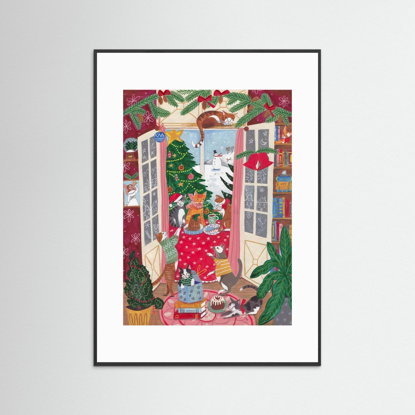 Cats in the Window at a Snowy Christmas in Bright Colours by Caroline Bonne Müller