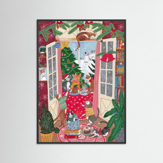 Cats in the Window at a Snowy Christmas in Bright Colours by Caroline Bonne Müller