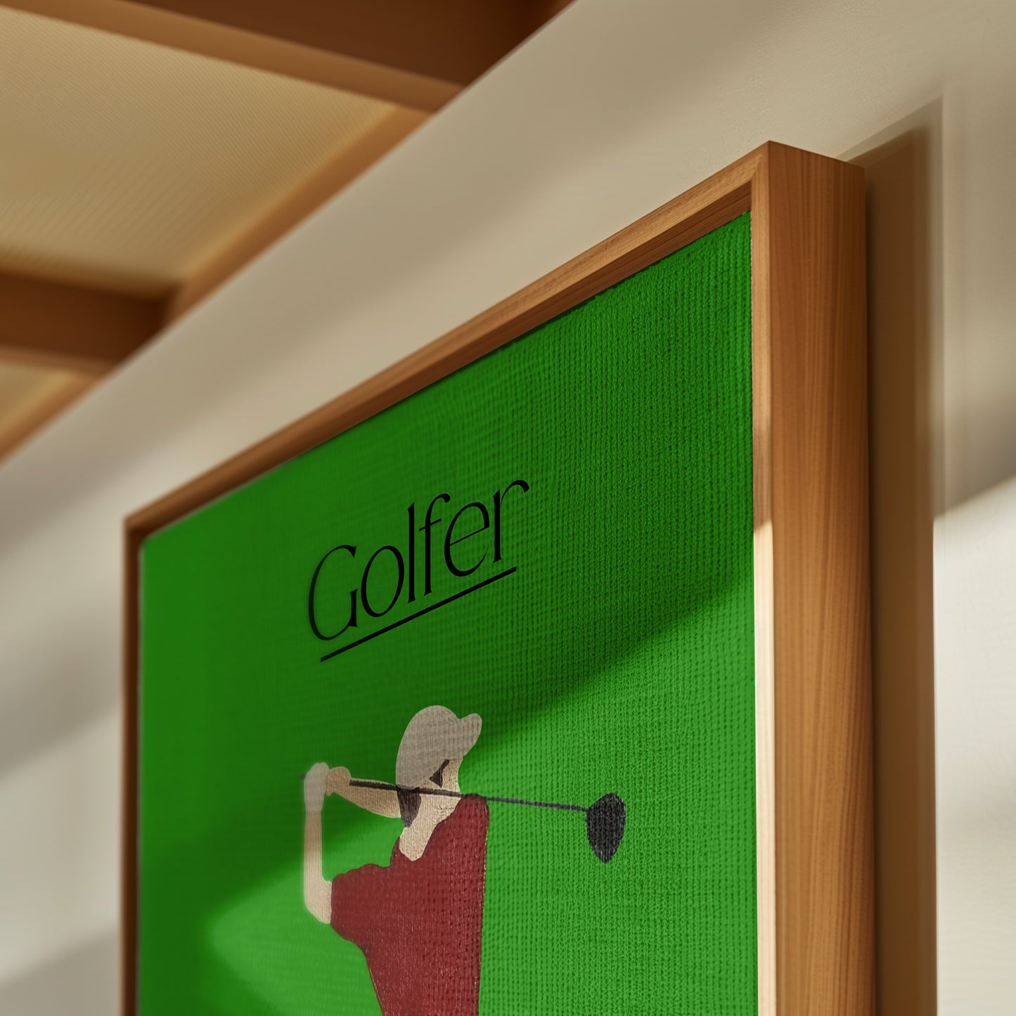 Golfer Green canvas print styled in a modern interior — vivid golf wall art made by Scandinavian up-and-coming artist Jeanette Haga.