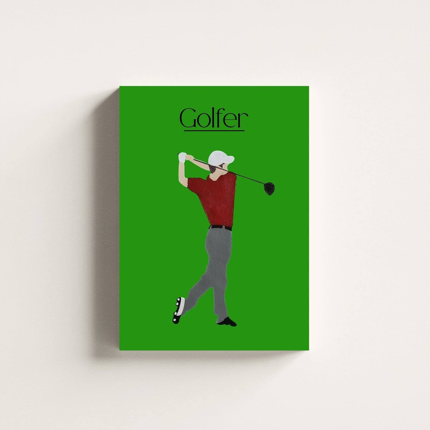 Framed Golfer Green canvas featuring a golfer after a swing on a bold green background — made by Scandinavian up-and-coming artist Jeanette Haga.