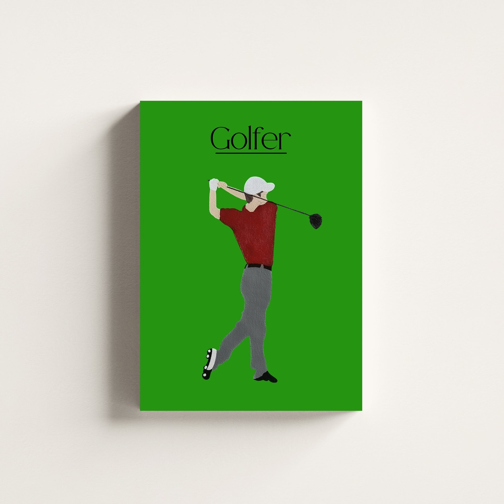 Framed Golfer Green canvas featuring a golfer after a swing on a bold green background — made by Scandinavian up-and-coming artist Jeanette Haga.