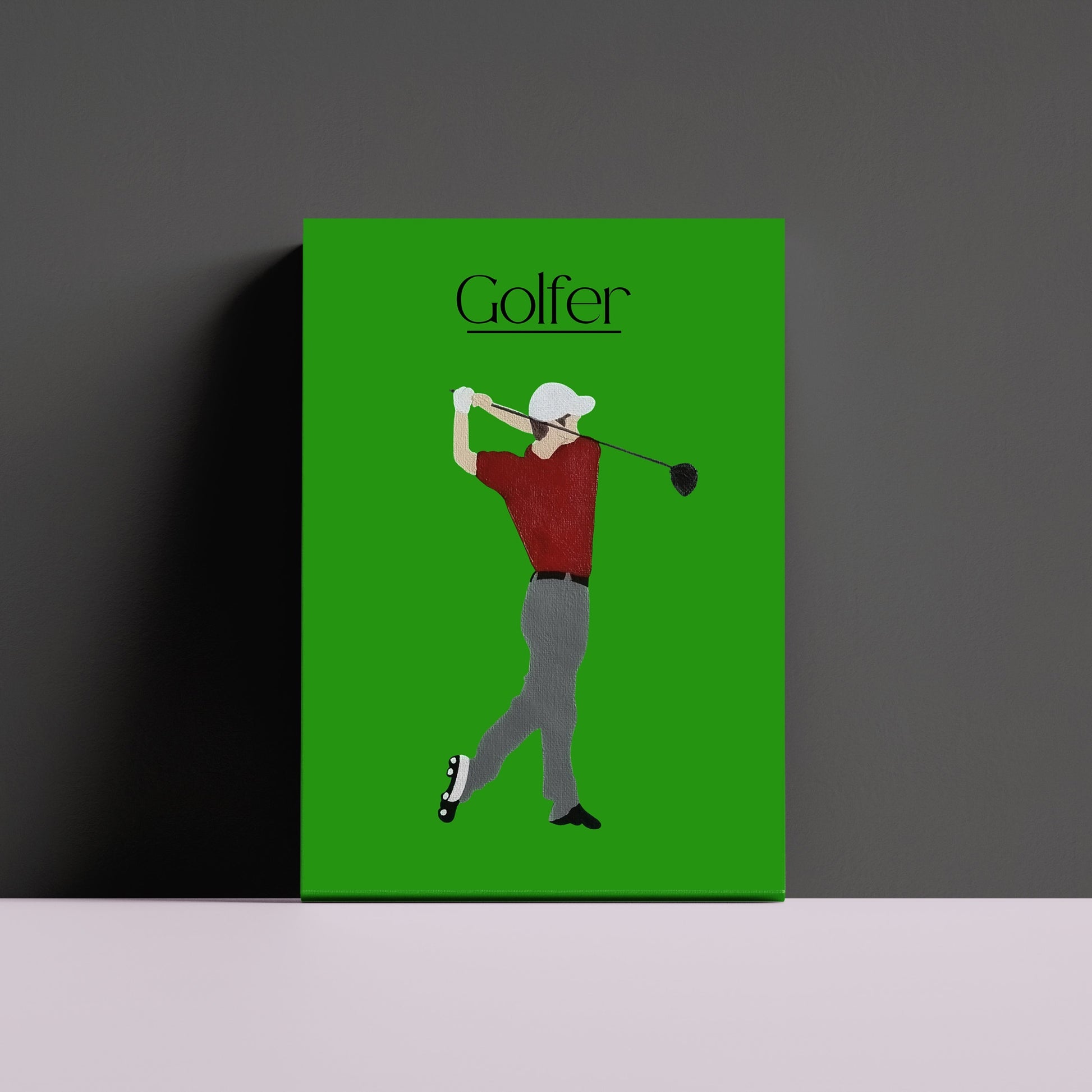 Framed Golfer Green canvas featuring a golfer after a swing on a bold green background — made by Scandinavian up-and-coming artist Jeanette Haga.