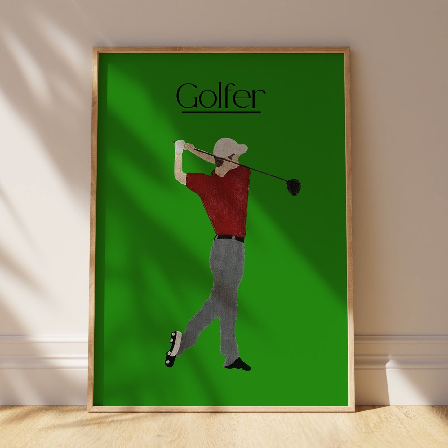 Golfer Green fine art print in a minimalist frame for a home office or golf room — made by Scandinavian up-and-coming artist Jeanette Haga.