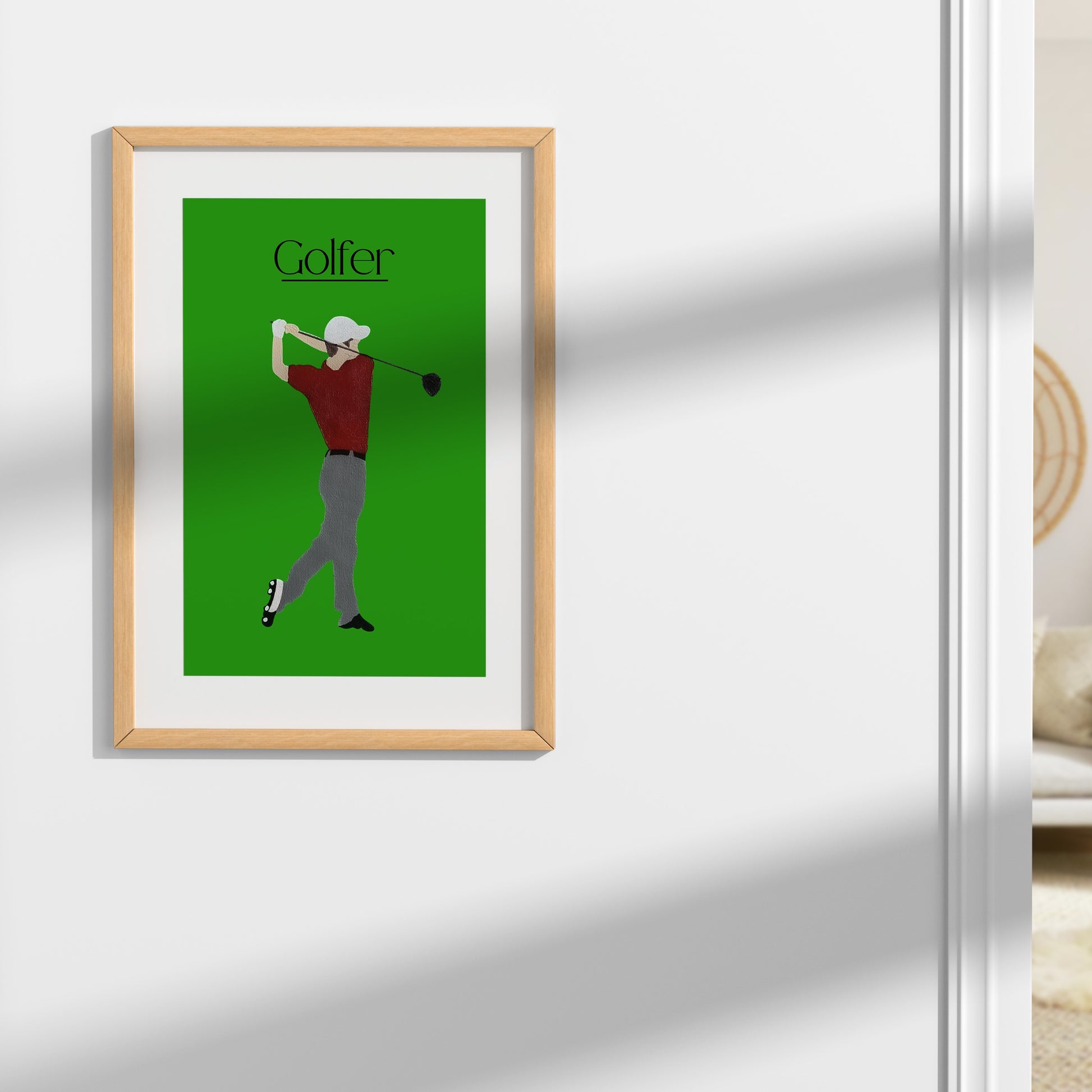 Green golfer poster displayed as Scandinavian sports wall decor — original art made by Scandinavian up-and-coming artist Jeanette Haga.