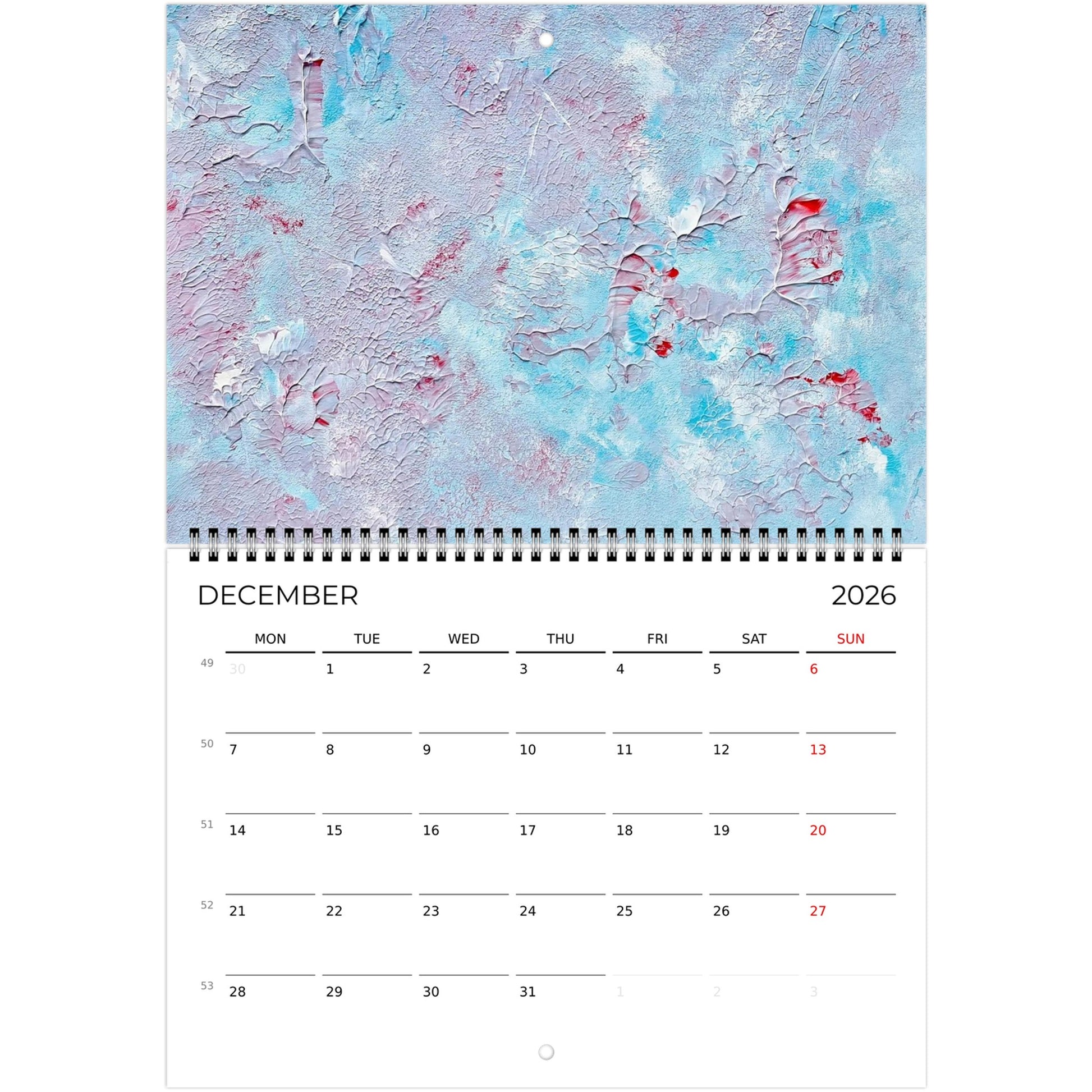 close up of horizontal blue and red abstract art wall calendar 2026