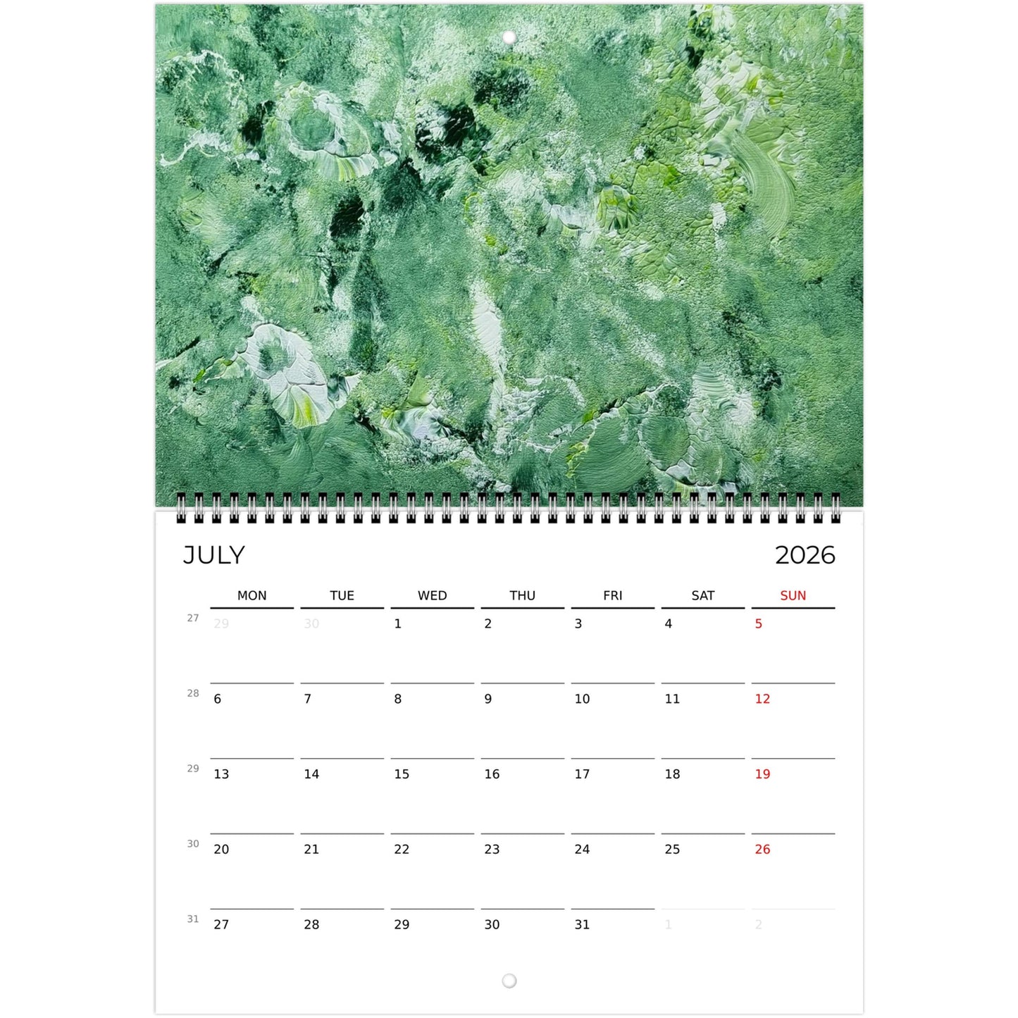 close up of horizontal green and white abstract art wall calendar 2026