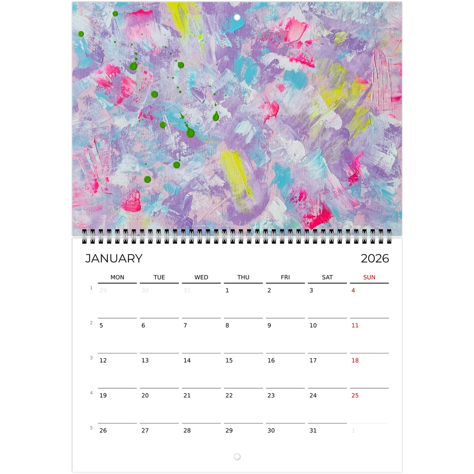 close up of horizontal purple, pastel and colorful abstract art wall calendar 2026 hanging on a white wall.