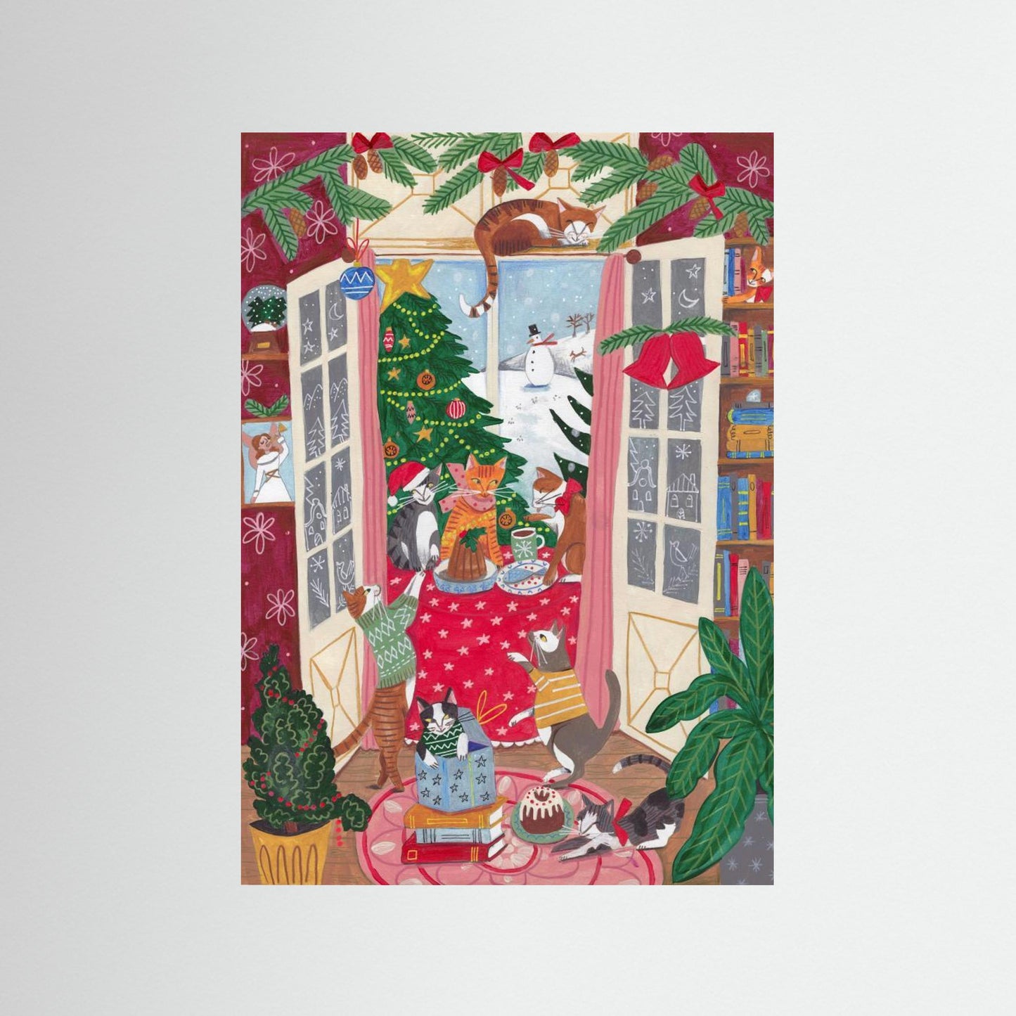 Cats in the Window at a Snowy Christmas in Bright Colours by Caroline Bonne Müller