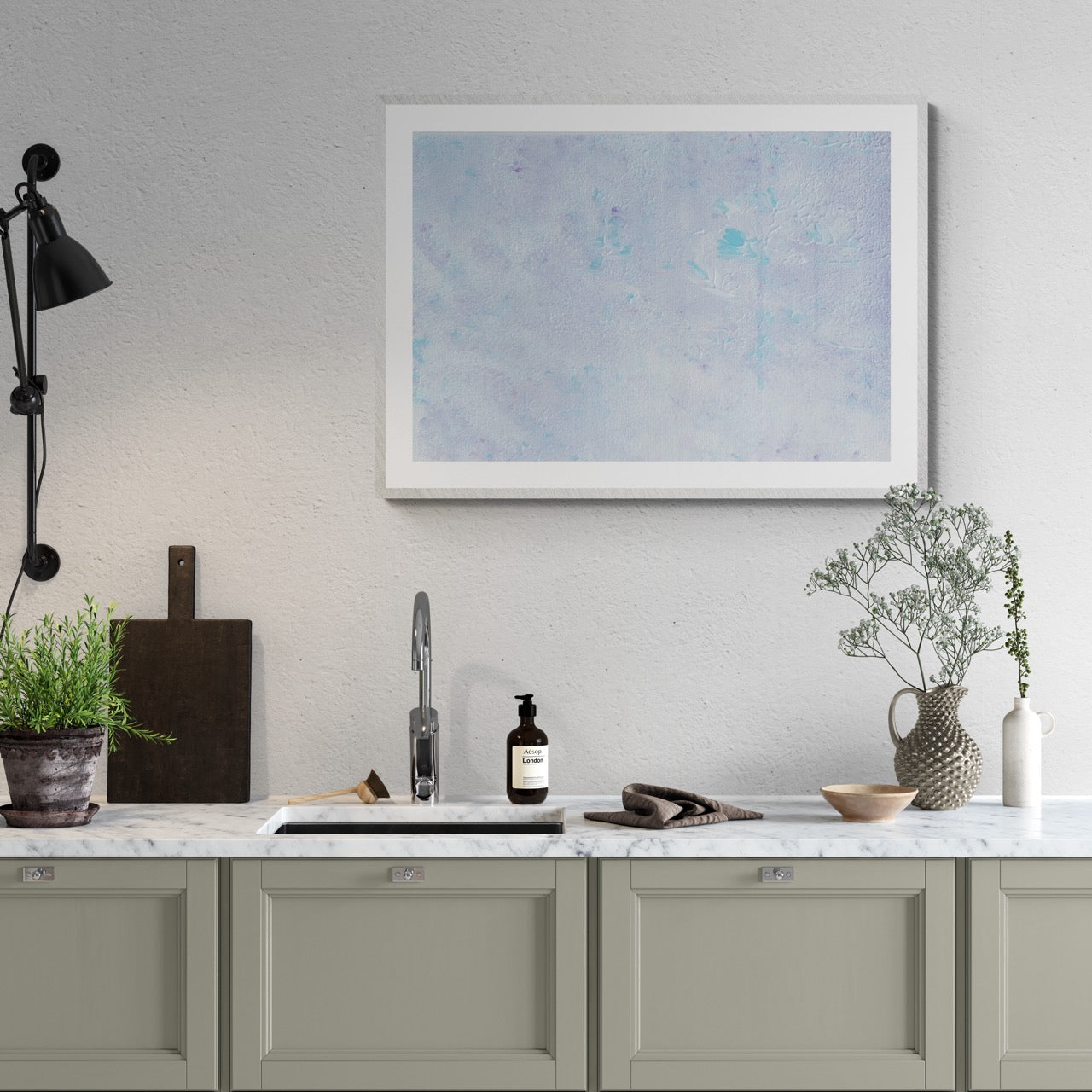 Pastel blue, Feel good one-of-a-kind colorful abstract art poster created from an original painting by up-and-coming scandinavian artist Jeanette Haga as decor in a modern home
