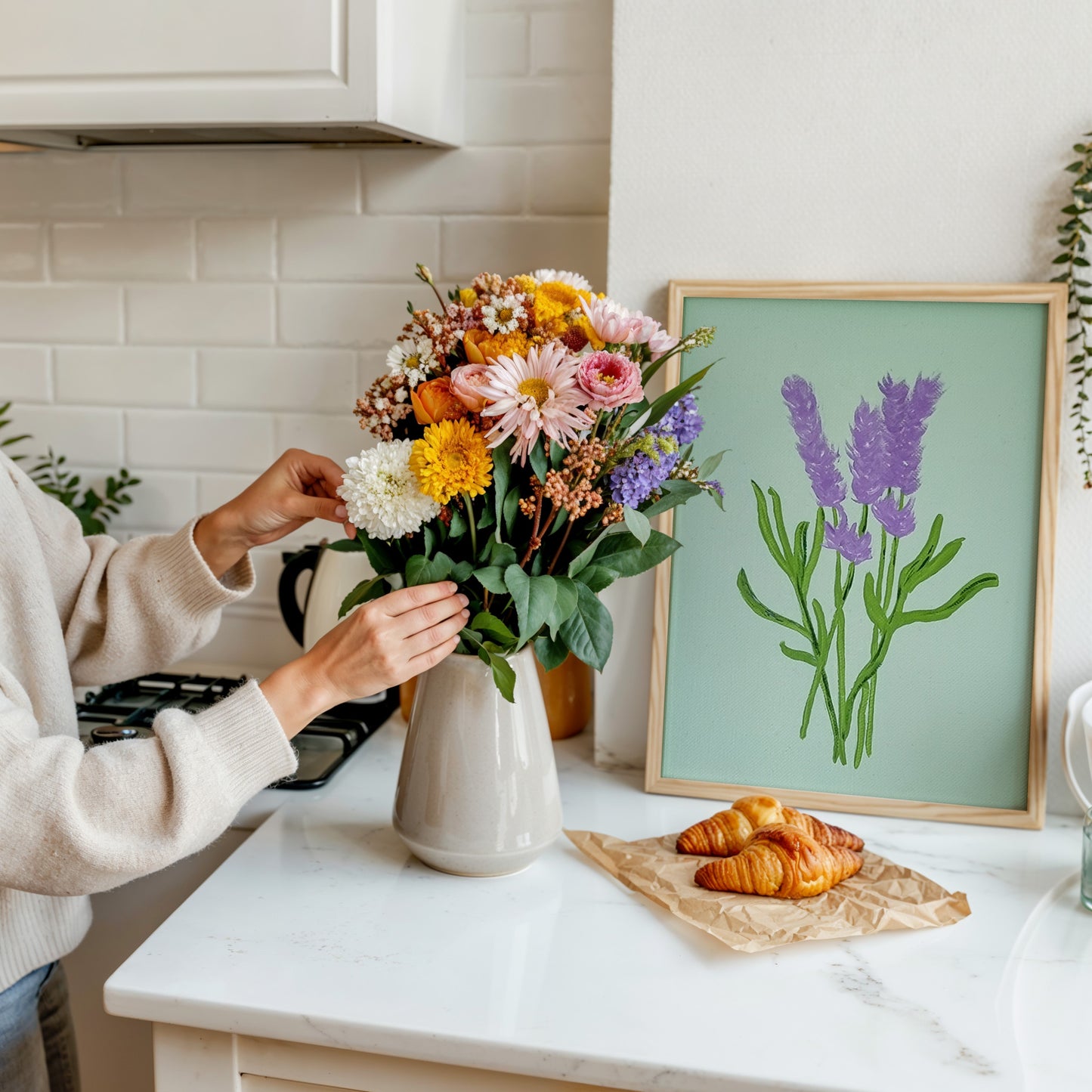 A person arranging a colorful bouquet of flowers in a white ceramic vase on a white marble kitchen counter, with a framed lavender illustration leaning against the wall behind them and croissants on a napkin nearby.