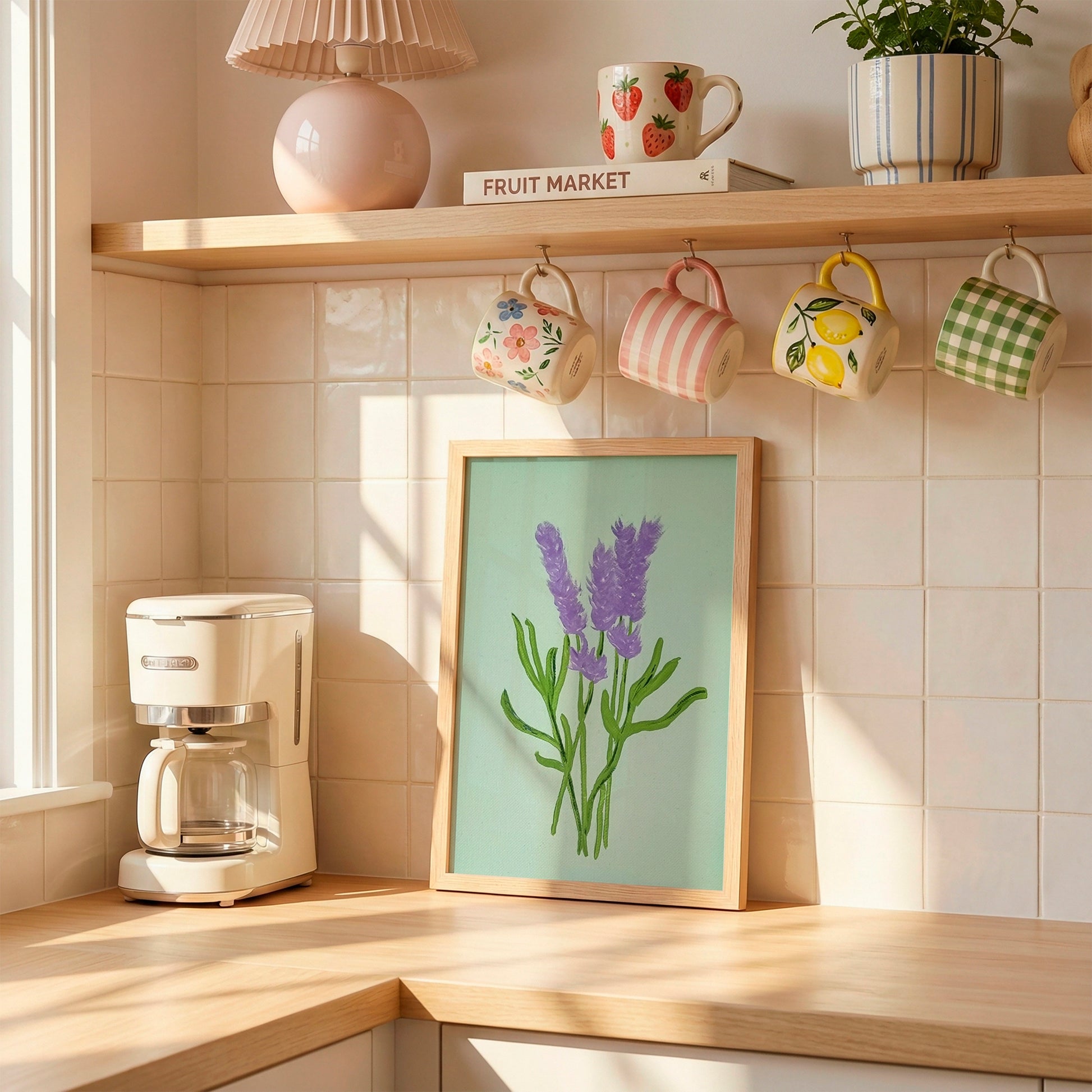 A cozy kitchen corner with light wood countertops, cream tile backsplash, hanging ceramic mugs, a coffee maker, and a framed lavender illustration leaning against the wall.