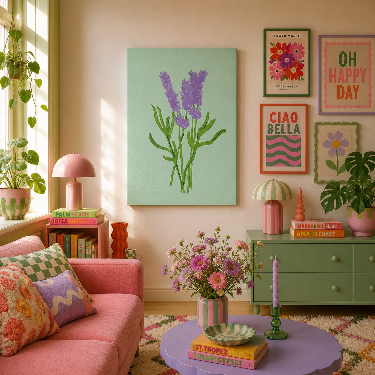 A styled living room corner with a large vertical canvas print of lavender on mint green as the focal wall art, surrounded by colorful framed posters, a pink sofa, plants, and a purple coffee table.