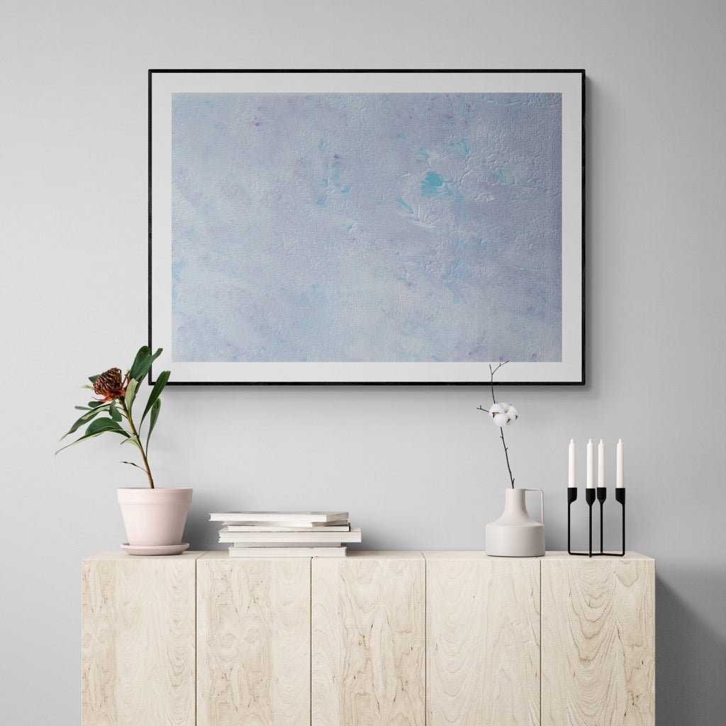 Pastel blue, Feel good one-of-a-kind colorful abstract art poster created from an original painting by up-and-coming scandinavian artist Jeanette Haga as decor in a modern home