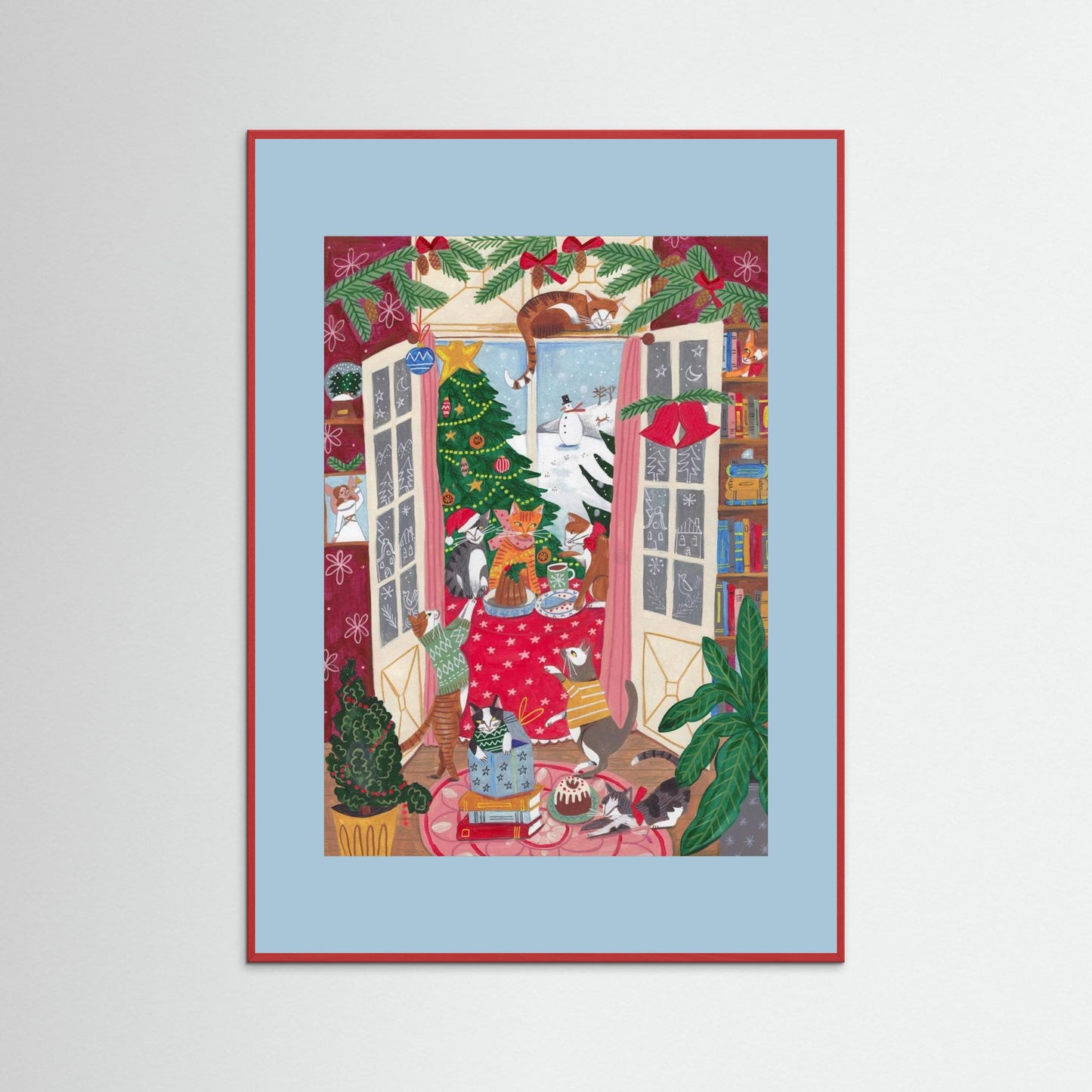 Cats in the Window at a Snowy Christmas in Bright Colours by Caroline Bonne Müller