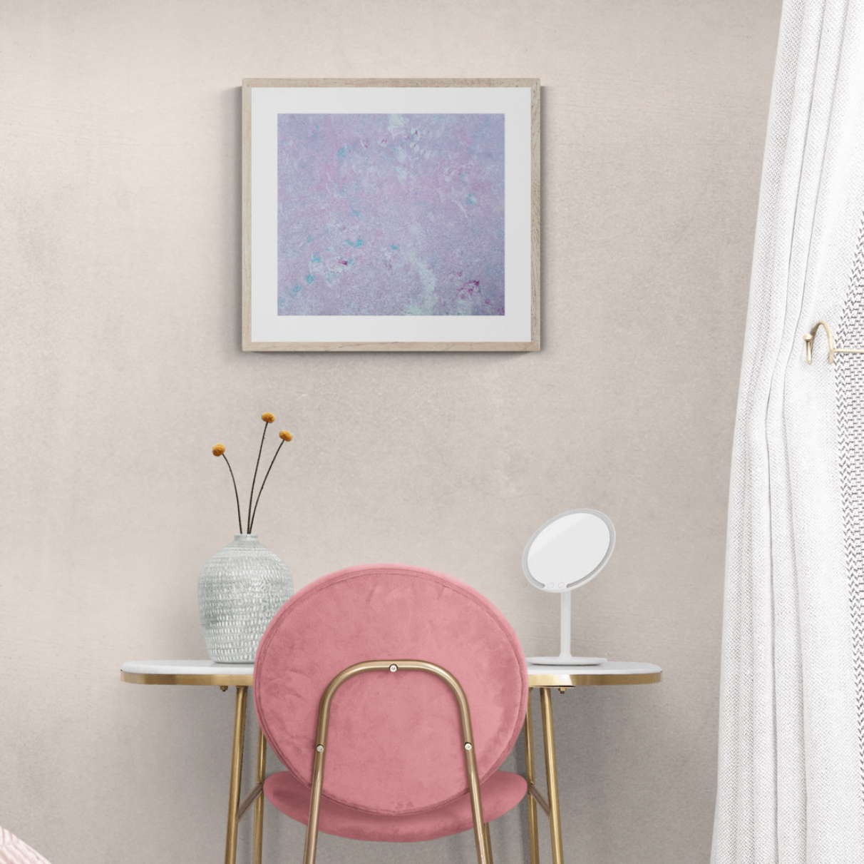Pastel pink, baby blue and white abstract art poster in a woman's bedroom. Created by up-and-coming Scandinavian artist Jeanette Haga as decor for modern homes