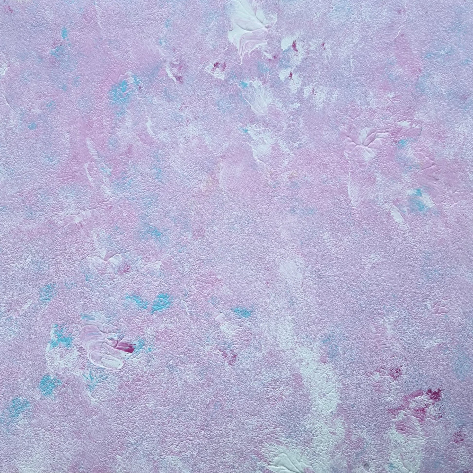 Close up of pastel pink, baby blue and white abstract art poster created by up-and-coming Scandinavian artist Jeanette Haga as decor for modern homes